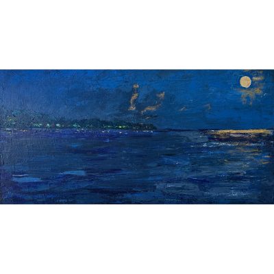 acrylic painting of a bay in moonlight