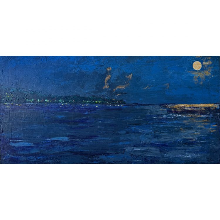 acrylic painting of a bay in moonlight